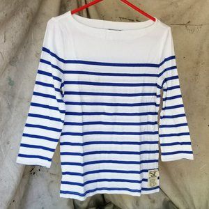 American Living Woman’s Scoop Neck ¾ Sleeve White & Blue Striped T 100% Cotton